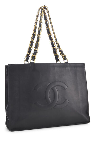 Black Lambskin Flat Chain Handle Tote, , large