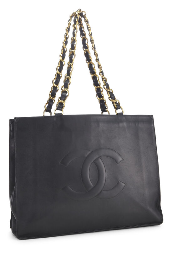 Chanel Vintage Black Leather Logo Gold Chunky Chain Large Shopping Bag