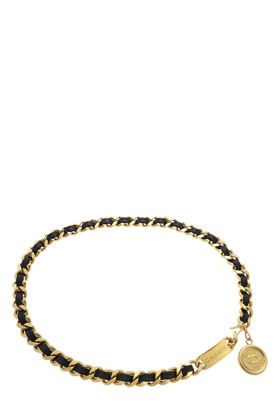Gold & Black Leather 'CC' Medallion Chain Belt, , large image number 0