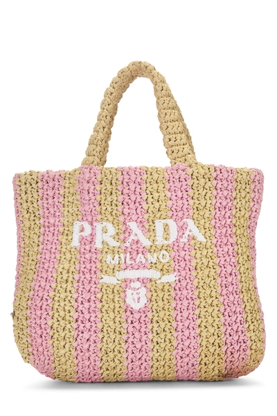 Prada Pink Raffia Logo Tote Small