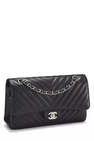 Black Chevron Lambskin Classic Double Flap Medium, , large
