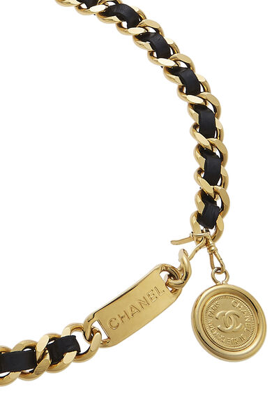 Gold & Black Leather 'CC' Medallion Chain Belt, , large