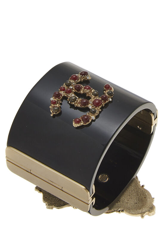 Black Acrylic & Faux Pearl Ornate 'CC' Cuff, , large image number 1