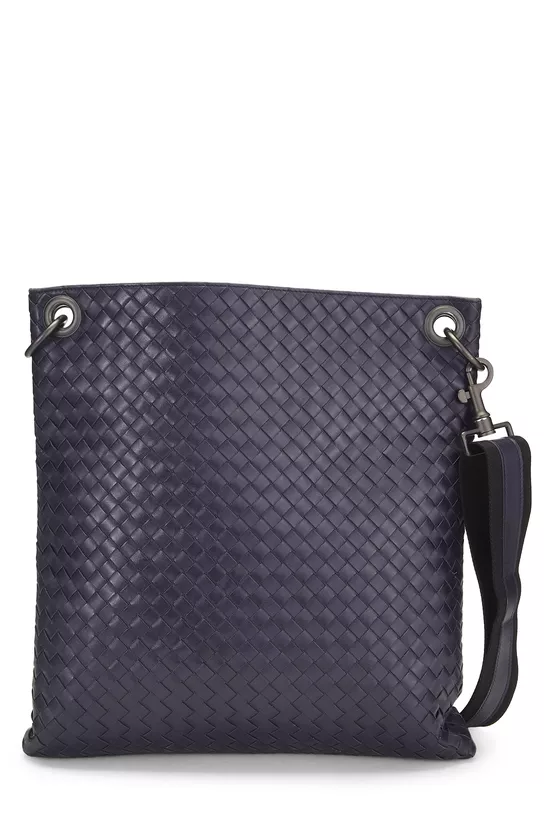 Navy Intrecciato Leather Flat Messenger Bag, , large image number 0