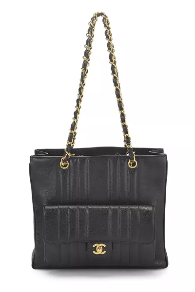 Black Vertical Quilted Caviar Pocket Tote