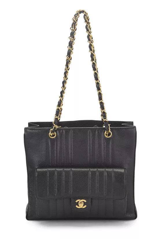 Black Vertical Quilted Caviar Pocket Tote, , large image number 0