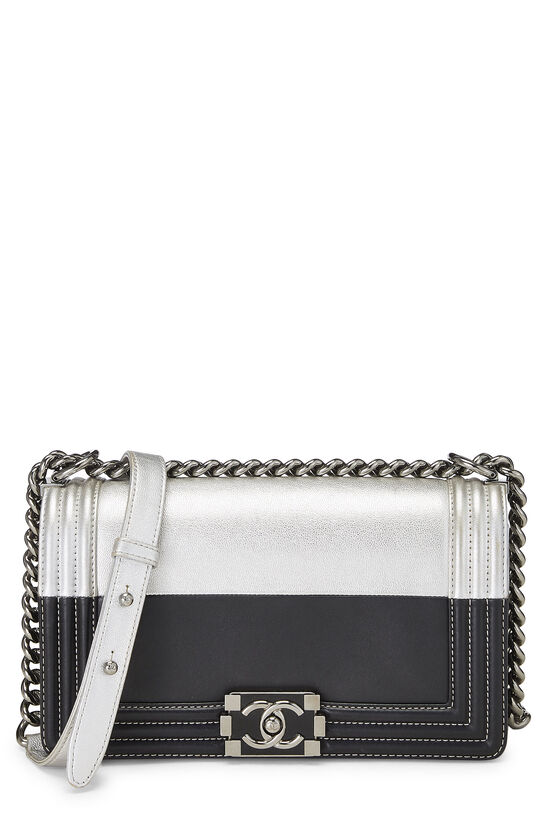 Chanel Black & Metallic Silver Bi-Color Calfskin Boy Bag Medium  Q6B01A3PM7004