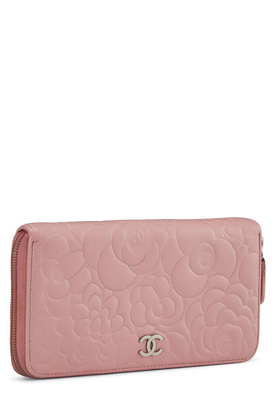 Pink Leather Camellia Zip Wallet, , large