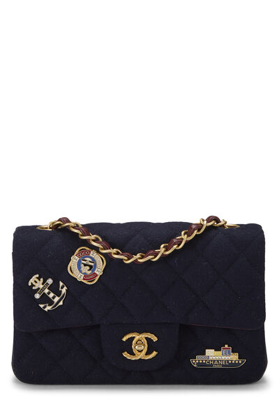 Navy Quilted Wool Charms Flap Bag Mini