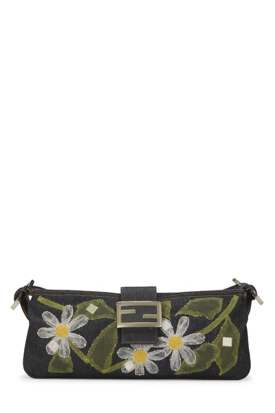 Fendi Navy Denim Floral Appliqué Shoulder Bag