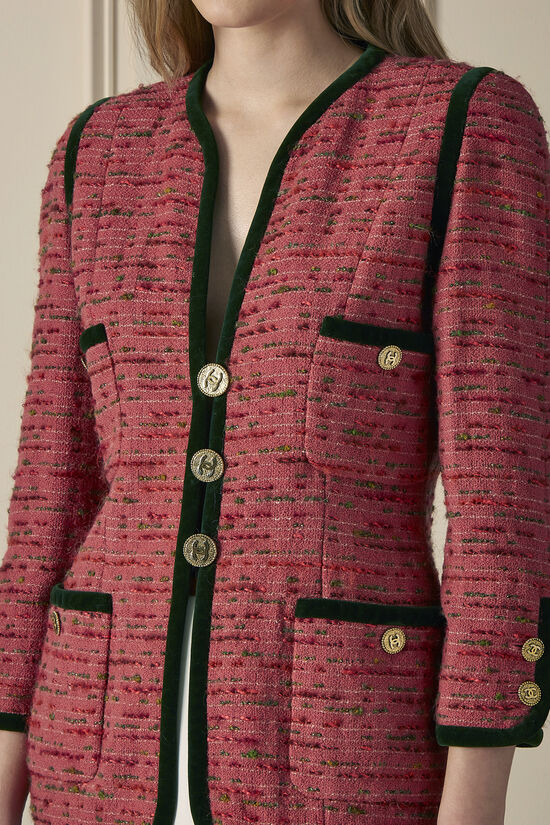 Pink Velvet-Trimmed Tweed Jacket, , large image number 2