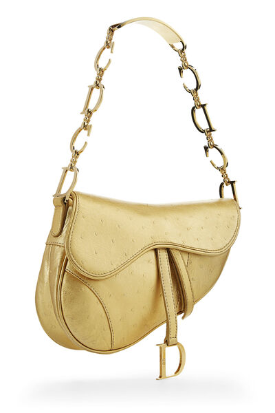 Metallic Gold Ostrich Saddle Bag Small, , large