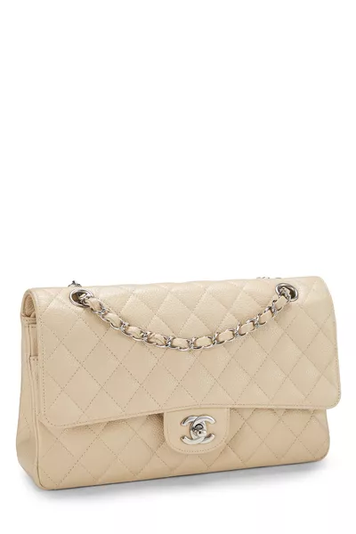 Beige Quilted Caviar Classic Double Flap Medium, , large