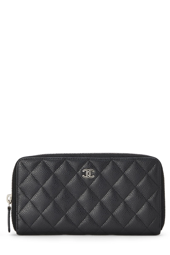 Black Quilted Caviar Zip Around Wallet, , large image number 0
