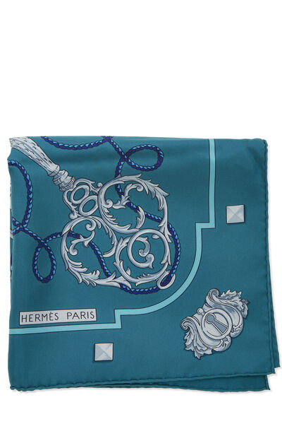 Teal 'Les Cles' Silk Scarf 90, , large