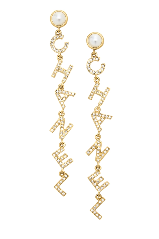 Gold Crystal Logo Dangle Earrings, , large image number 0