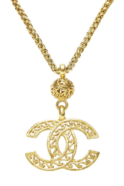 Gold 'CC' Fretwork Dangle Necklace, , large