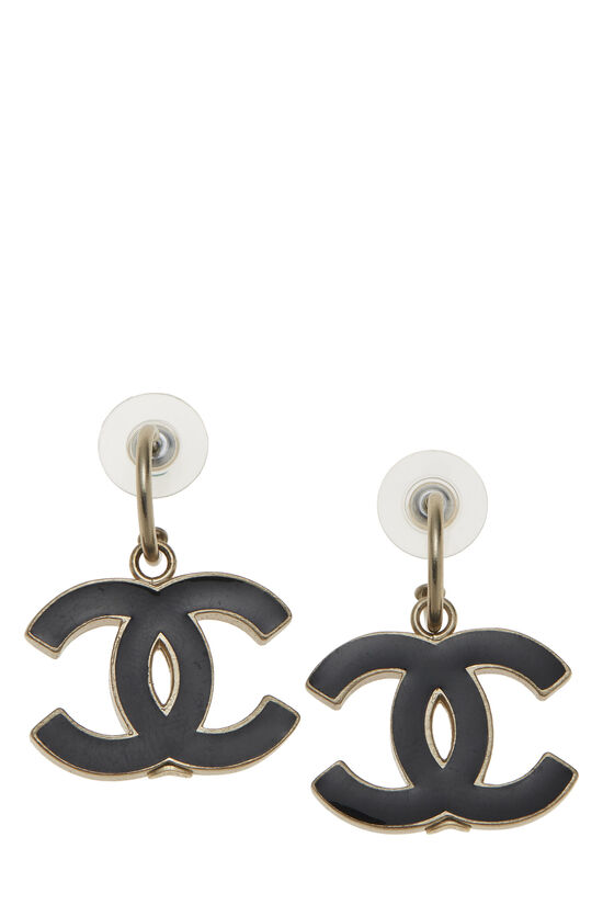Gold & Black Enamel 'CC' Dangle Earrings Large, , large image number 1