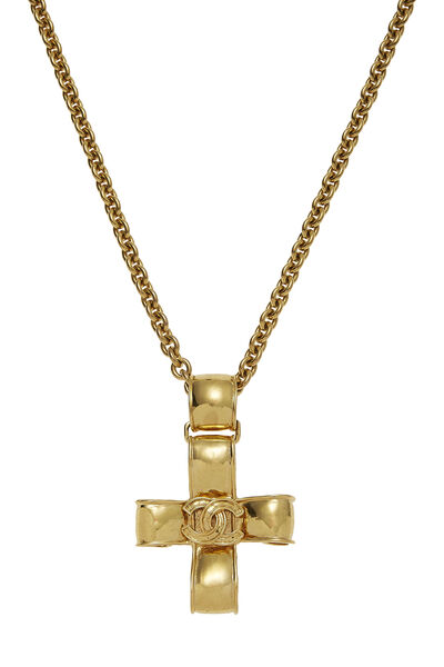 Gold Ribbon Cross Necklace, , large