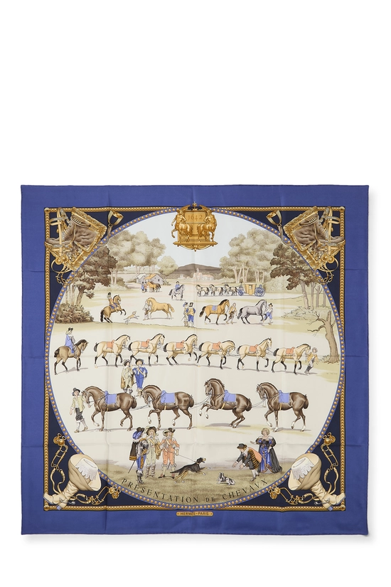 Blue & Multicolor 'Pr&eacute;sentation de Chevaux' Silk Scarf 90, , large image number 0