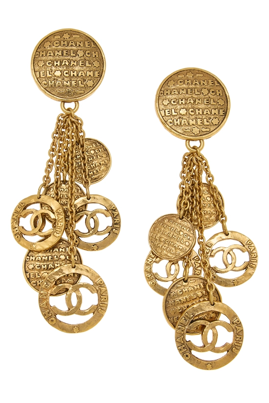 Gold 'CC' Medallion Dangle Drop Earrings, , large image number 0