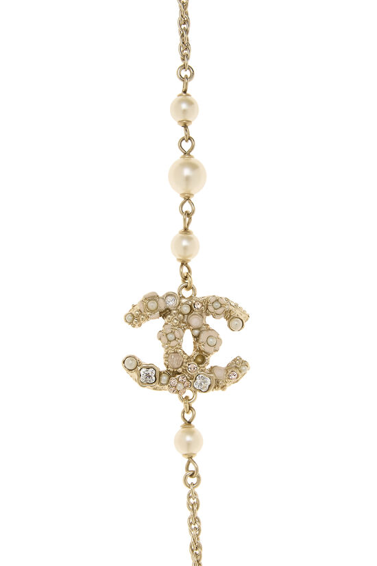 Gold Faux Pearl 'CC' Long Necklace, , large image number 1