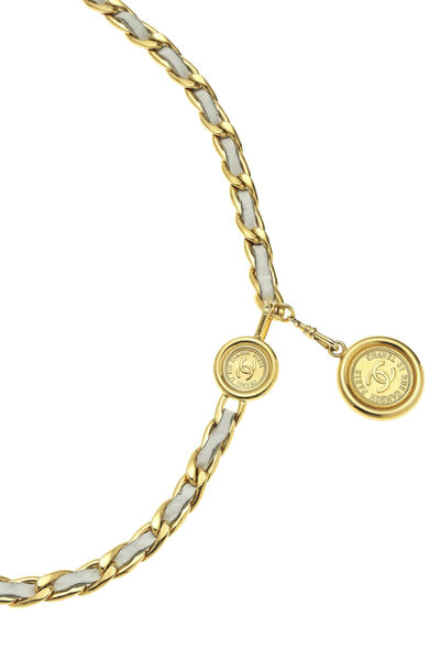 Gold & White Leather 'CC' Medallion Chain Belt, , large