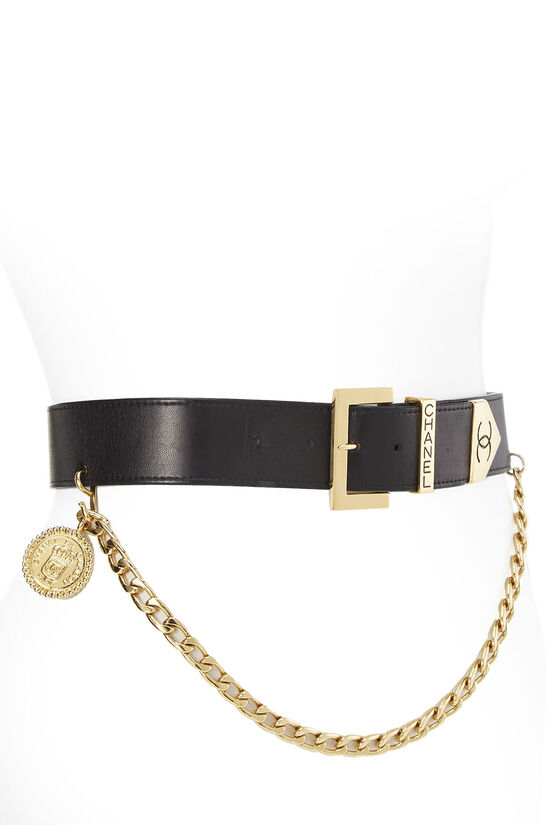Black Leather & Gold Draped Chain Waist Belt 75, , large image number 1