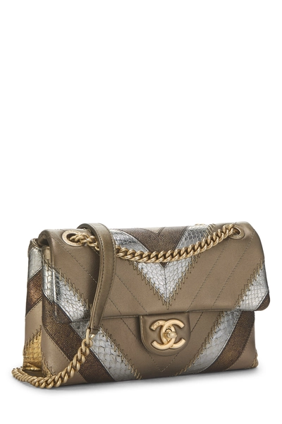 Gold Calfskin Patchwork Chevron Half Flap, , large