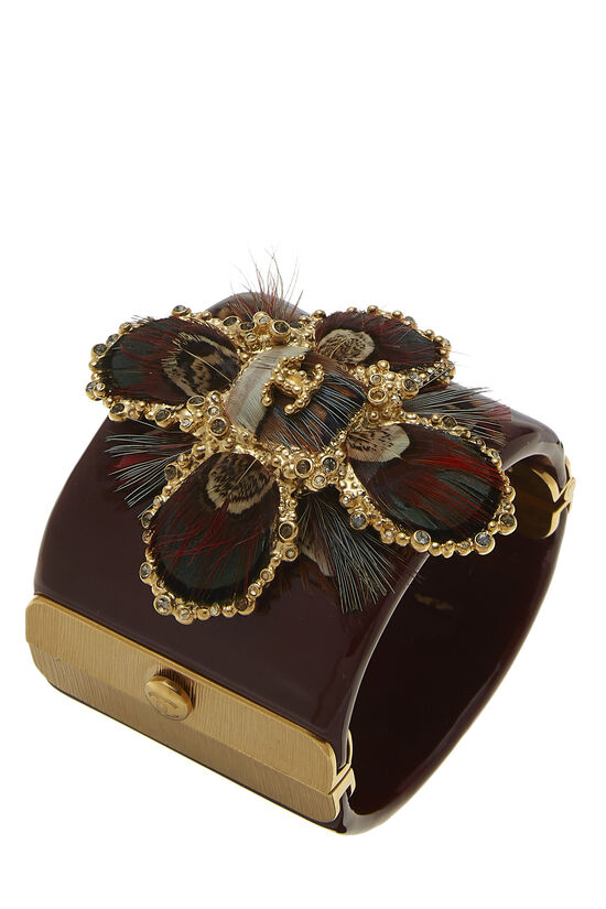 Burgundy Enamel Feather Flowers Cuff, , large image number 1