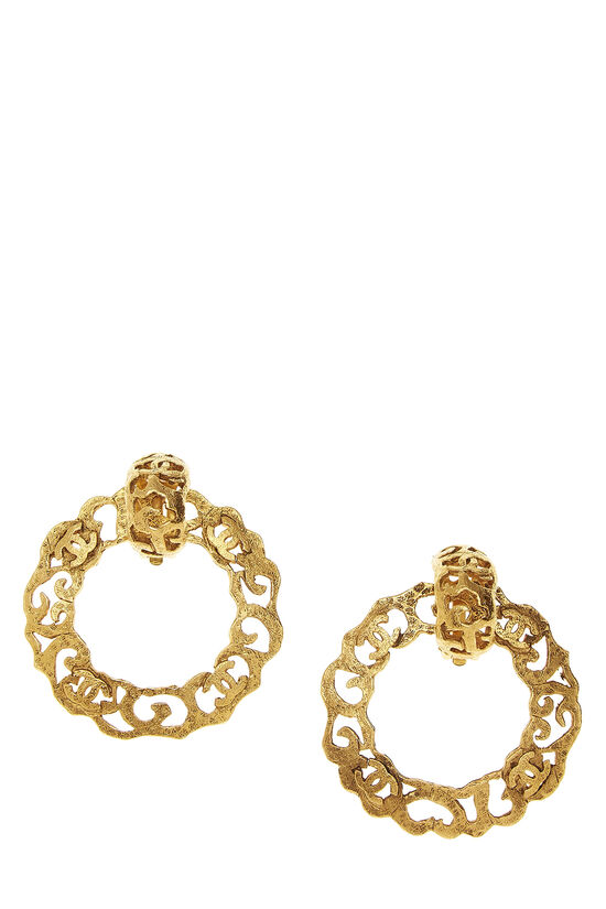Gold 'CC' Cutout Hoop Earrings, , large image number 0