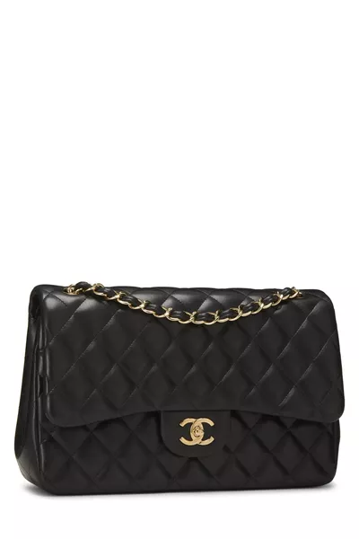 Black Quilted Lambskin New Classic Double Flap Jumbo, , large