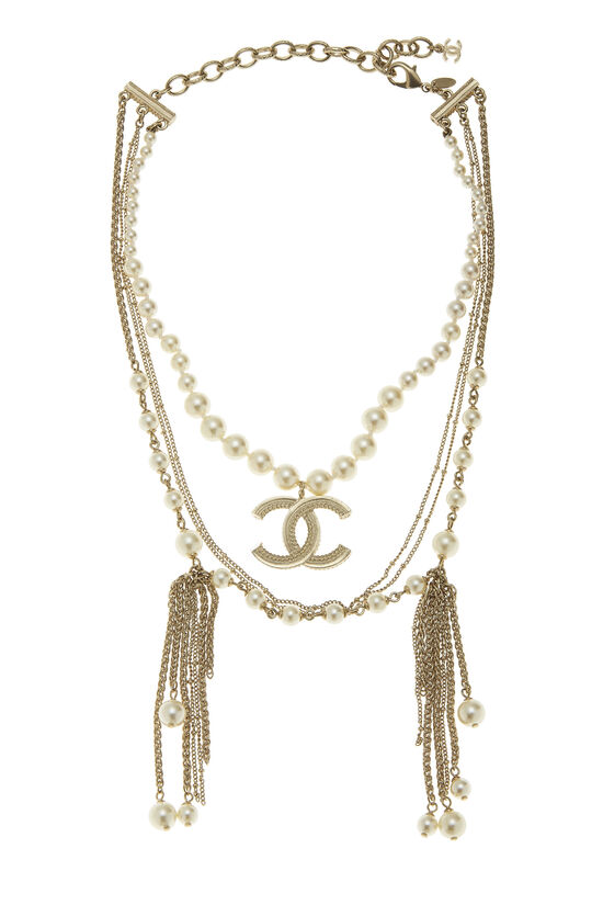 Faux Pearl & Gold Layered Chain 'CC' Necklace, , large image number 0