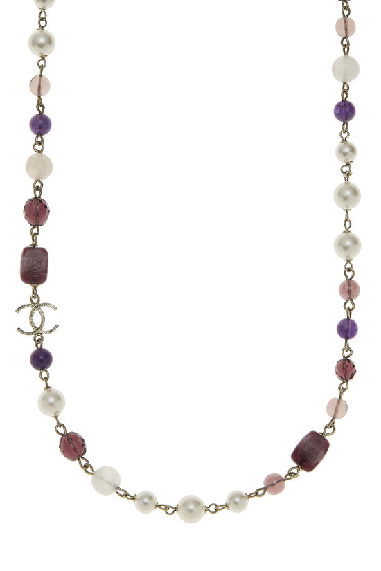 Purple Glass & Faux Pearl Beaded 'CC' Necklace