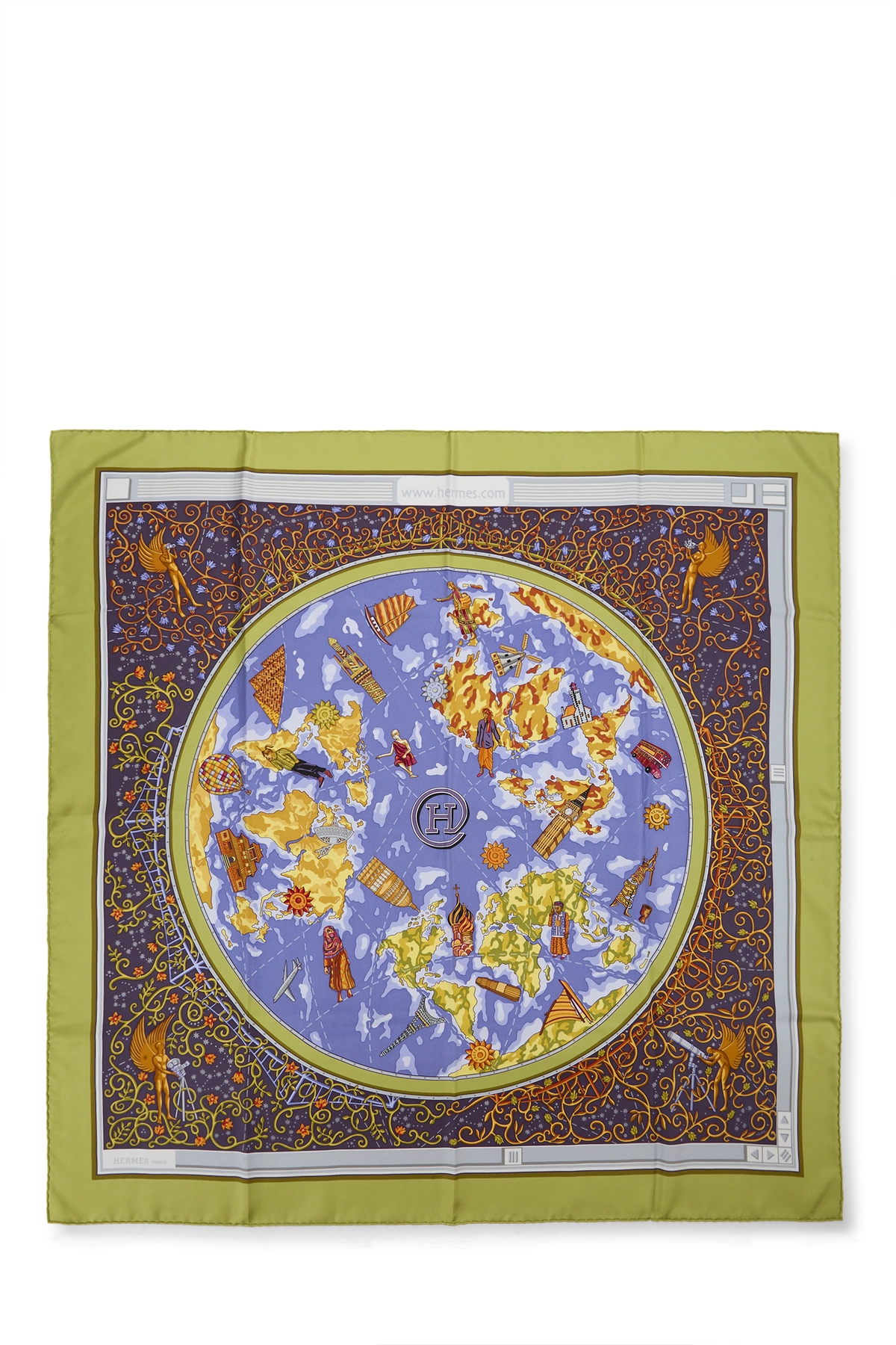 Green & Multicolor 'www.hermes.com' Silk Scarf 90