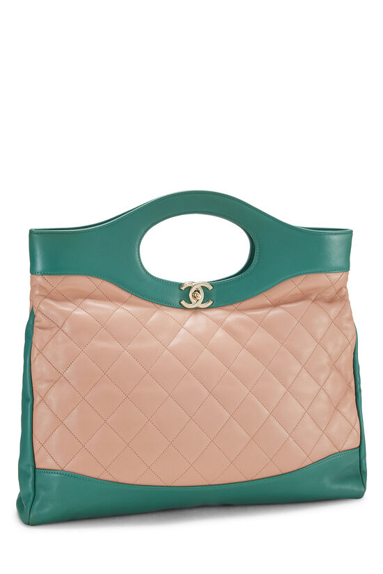 Beige & Green Quilted Lambskin 31 Shopping Tote Large, , large image number 2