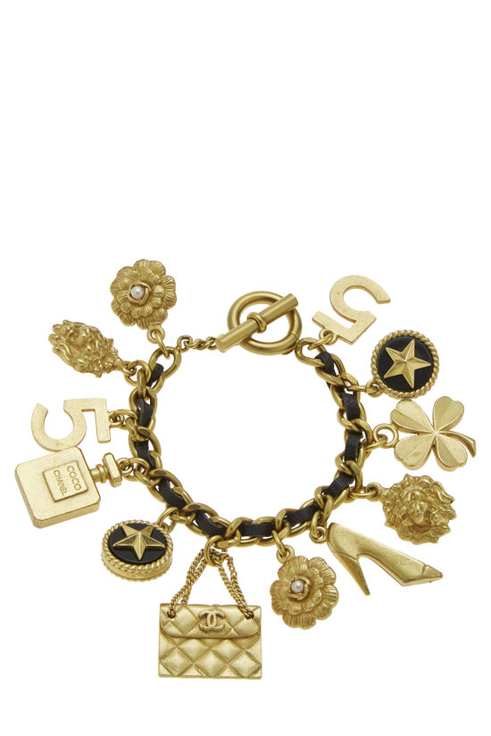 Gold & Black Leather Icons Charm Bracelet, , large image number 1