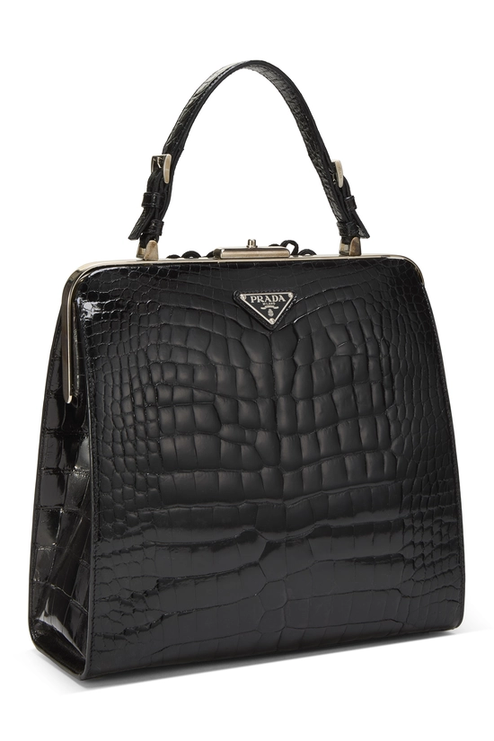 Black Embossed Leather Frame Top Handle Bag, , large image number 1