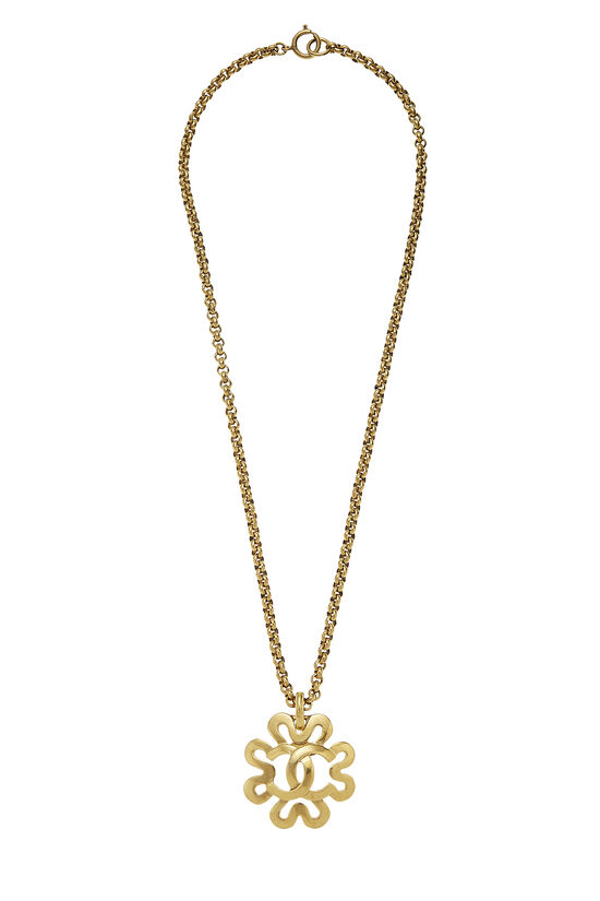 CHANEL Vintage Gold Plated CC Logo Medallion Flower Chain Necklace