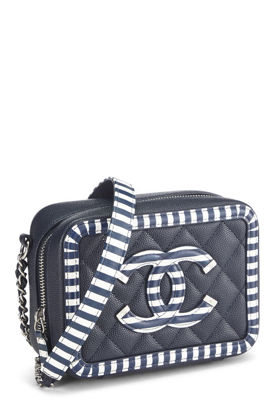 CHANEL White CC Filigree Vanity Case Shoulder Bag Quilted Striped Caviar  Leather