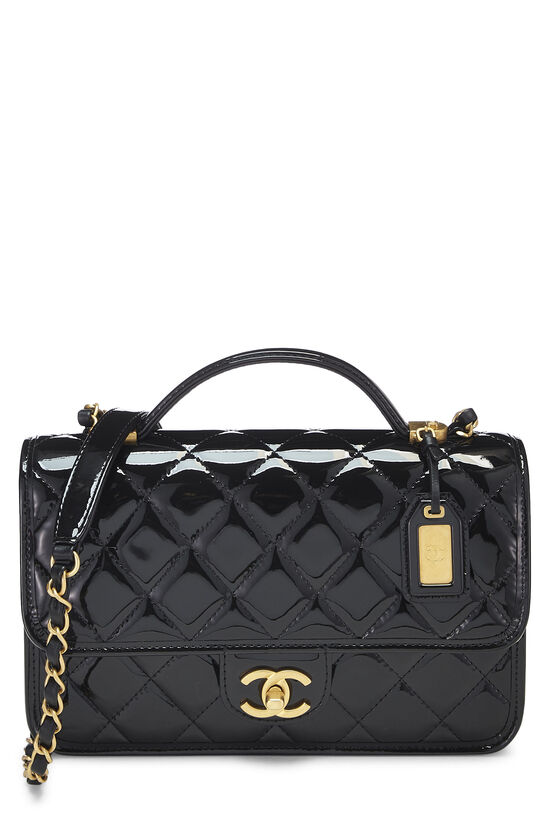 CHANEL Patent Quilted Small School Memory Top Handle Flap Black 1129639