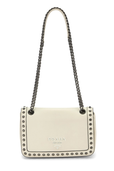 White Calfskin Leather Studded Crossbody