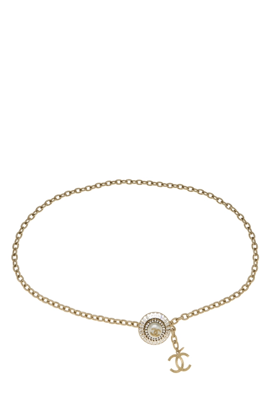 Gold Crystal Faux Pearl 'CC' Sunburst Chain Belt, , large image number 0