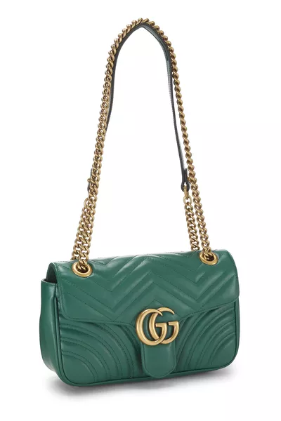 Green Leather GG Marmont Shoulder Bag Small, , large