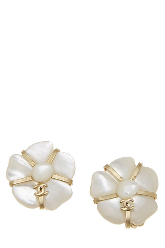 Gold Pearl Camellia Earrings, , large image number 0