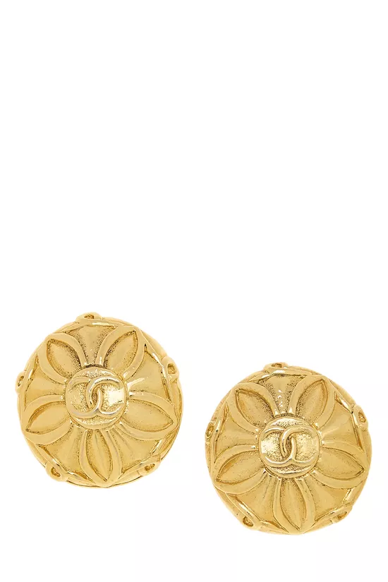 Gold 'CC' Button Earrings, , large image number 0