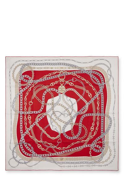 White & Multicolor 'Reaction en Chaines' Silk Scarf 90