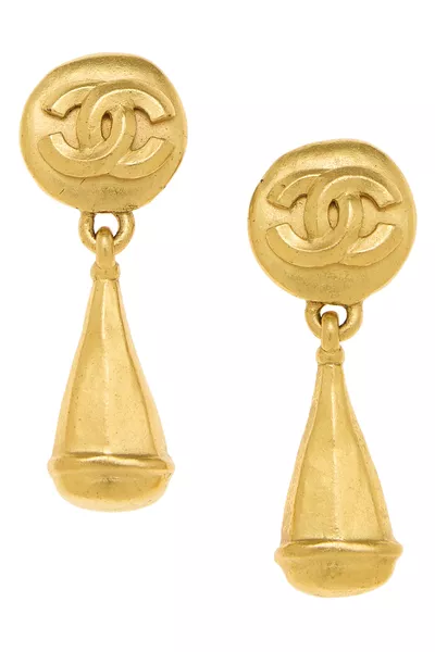 Gold Round 'CC' Dangle Earrings