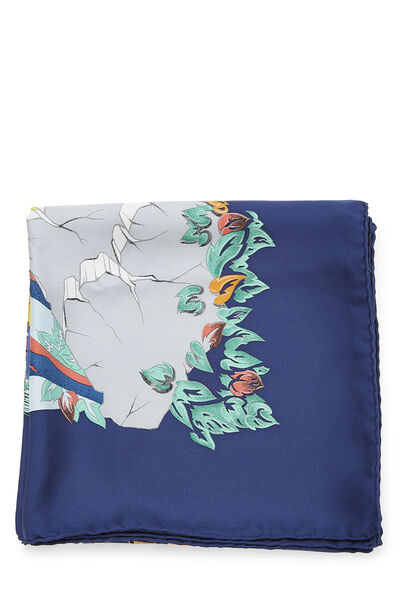 Blue & Multicolor 'Aube Libre Comme L'Ange' Silk Scarf 90, , large
