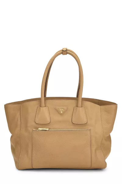 Brown Vitello Daino Trapeze Front Pocket Tote